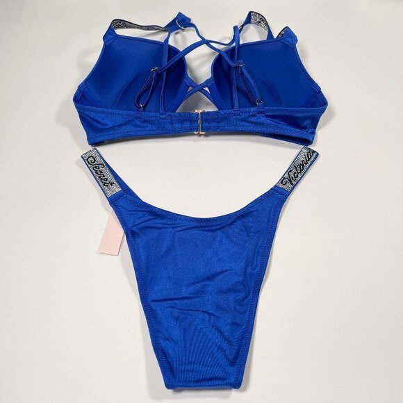 Victoria Secret 34D M Bombshell Push Up Top Bikini Set LOGO Shine Strap Blue - Picture 3 of 10